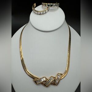 Vtg PARK LANE Gold Tone Herringbone Baguette Rhinestone Swirl Necklace Earrings